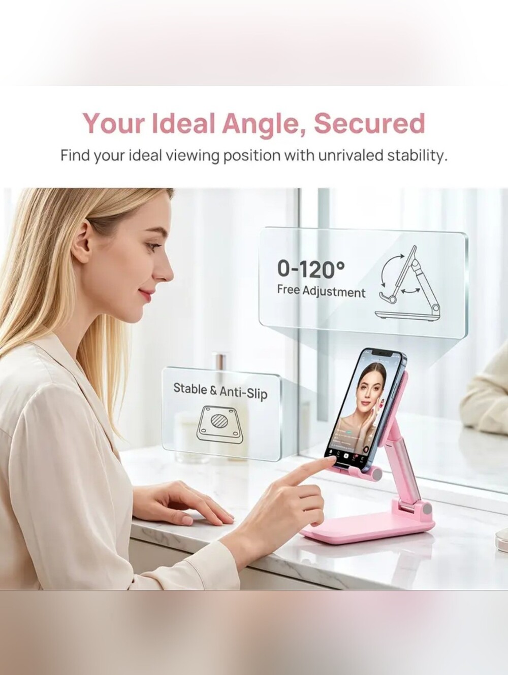 Adjustable Pink Tablet & Phone Stand - Portable Desktop Holder W/Makeup Mirror!! - Picture 4 of 8